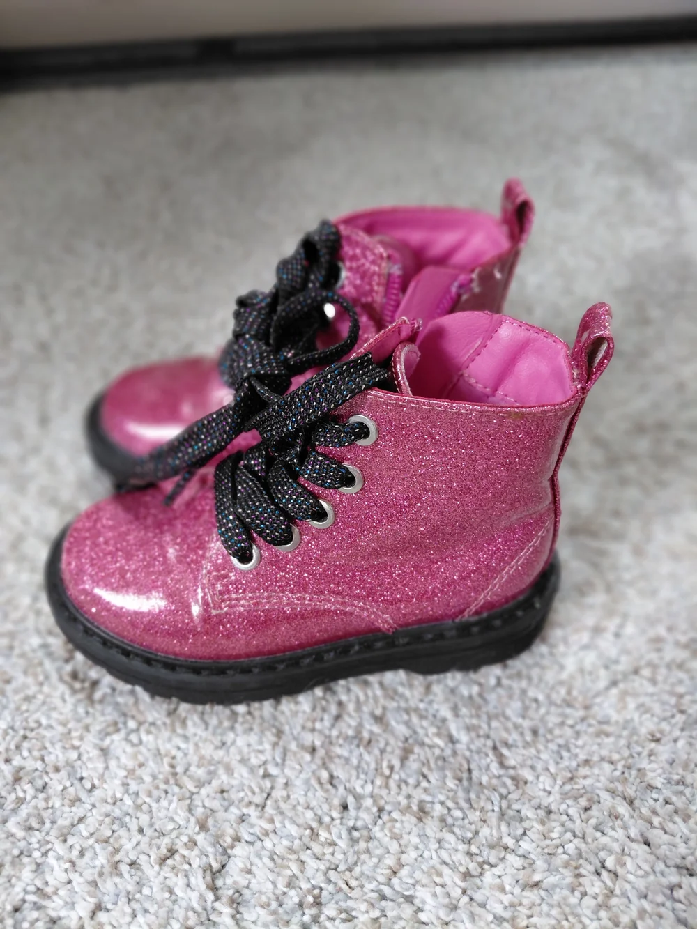 Toddler Girls' Sparkle Lace-Up Pink Booties with Sturdy Black Sole